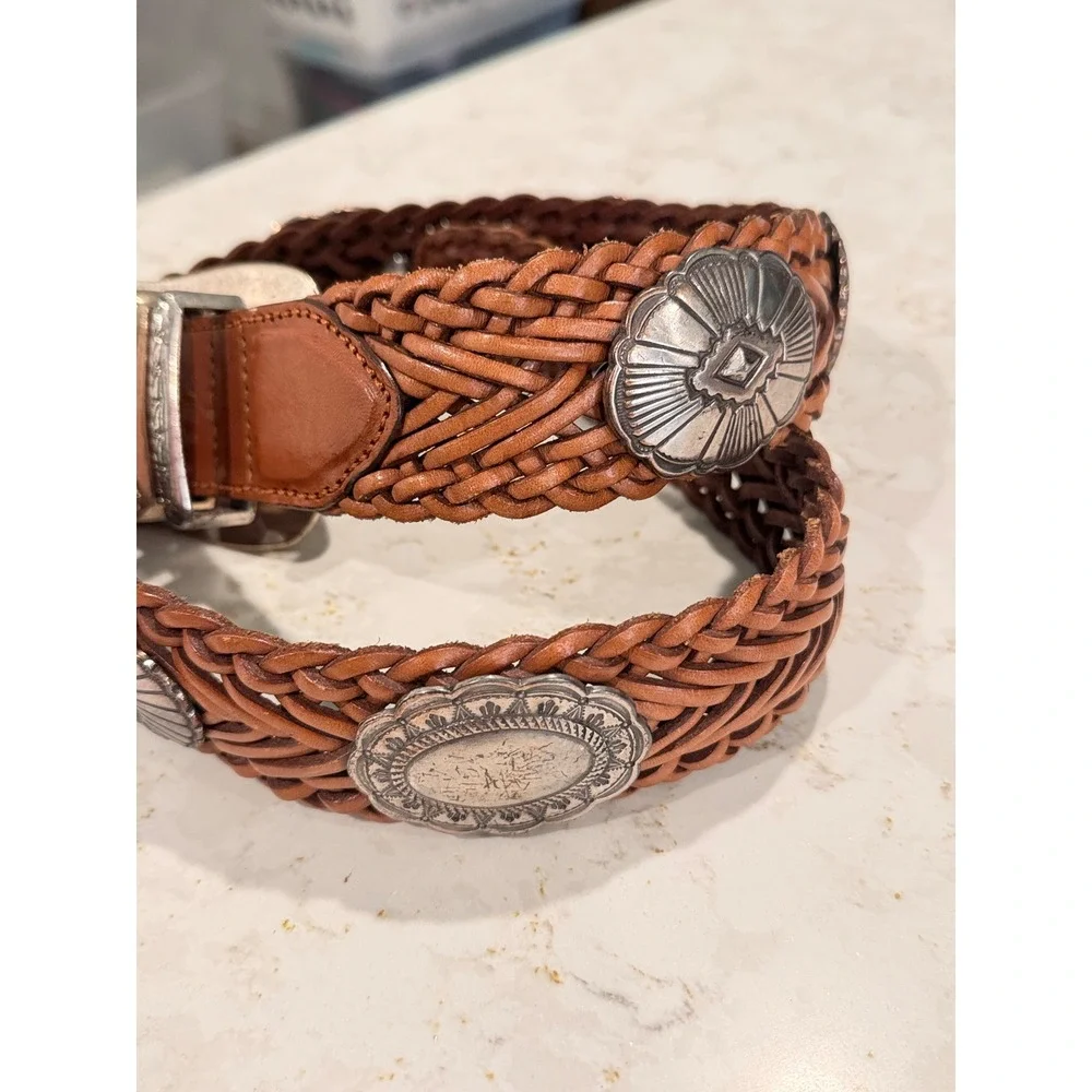 Vintage Braided Leather Concho Belt Brown Western Woven Silver Tone Buckle 69606